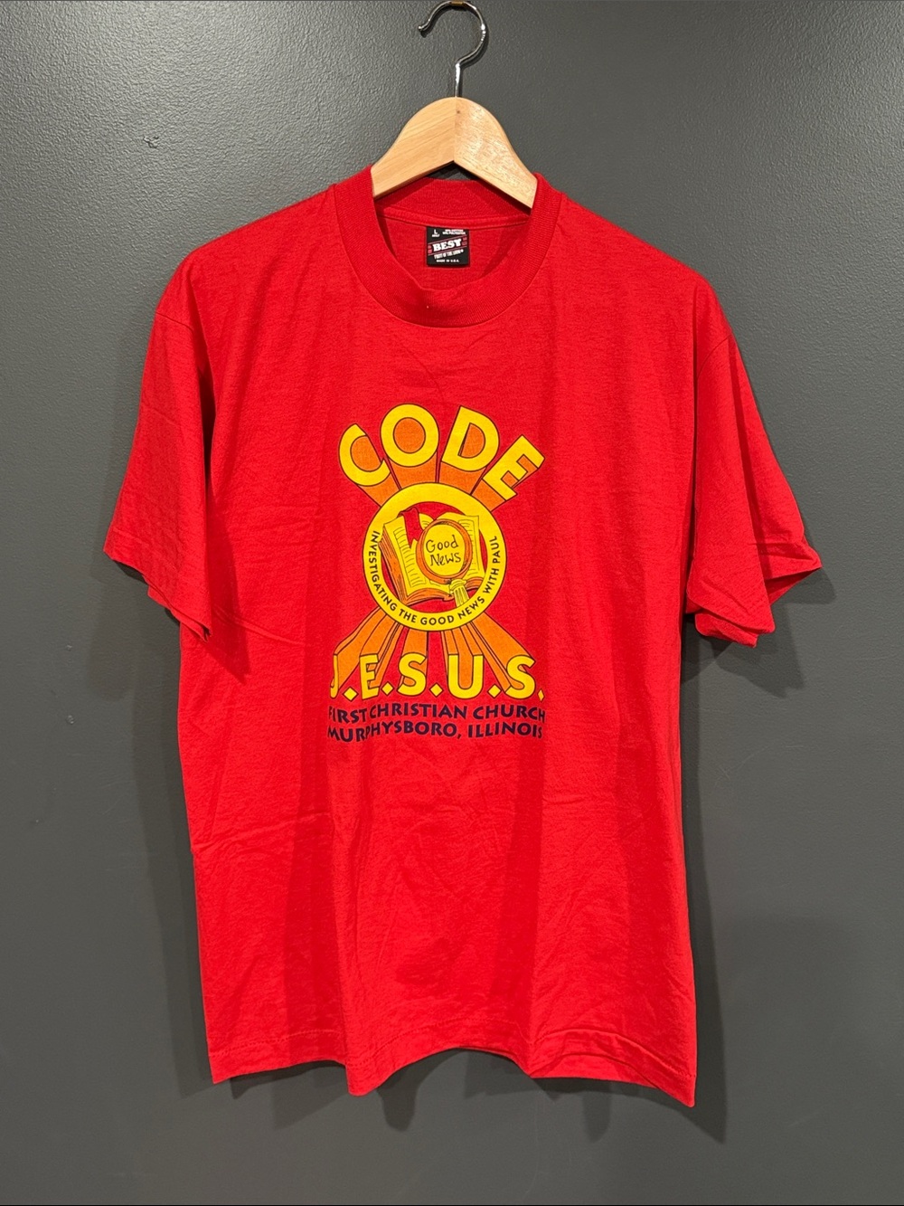 Screen Stars Red Short Sleeve Tee with Yellow Graphic